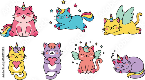 Cute unicorn cats collection with rainbow tails, wings and magical horns, fantasy kawaii cartoon vector illustration set isolated