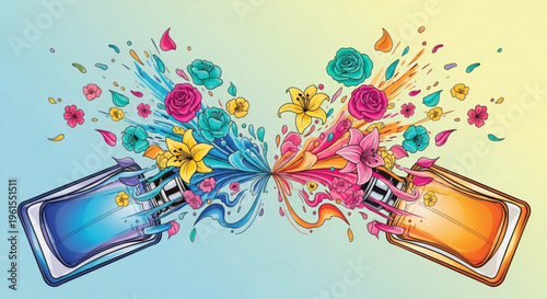 Two perfume bottles exploding colorful flowers fragrance