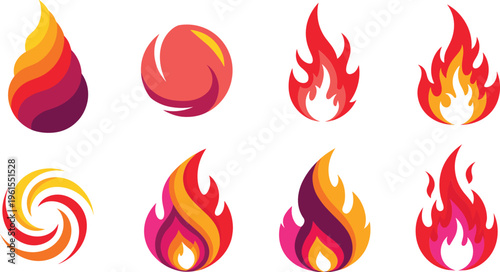 Fire flame icons collection with abstract shapes, burning elements and heat symbols, modern gradient vector illustration set isolated