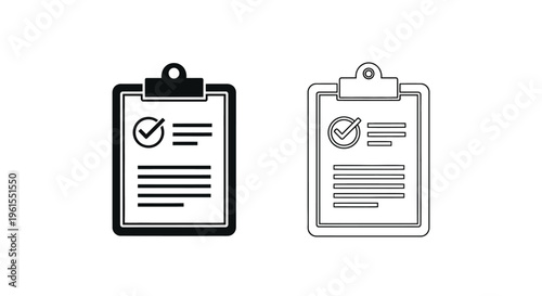 Two vector graphic representations of a clipboard document featuring a prominent checkmark icon indicating successful task completion or verification