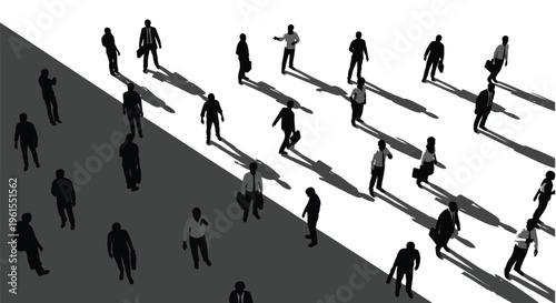 High angle vector illustration showing diverse business figures walking across a starkly contrasting light and shadow surface