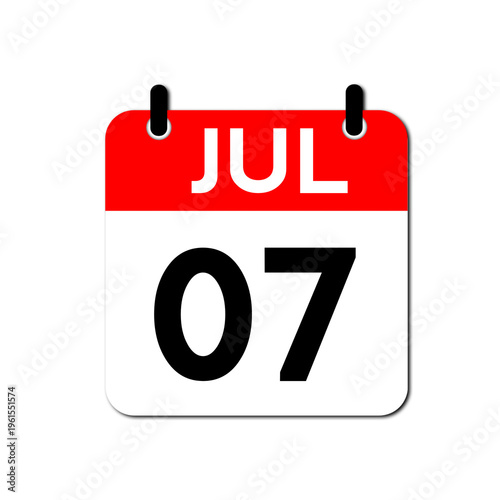 July 7th Daily Calendar Icon Vector - Flat Red and White Date Page Symbol for Business Schedules, Event Planning, Deadlines, and Time Management Apps