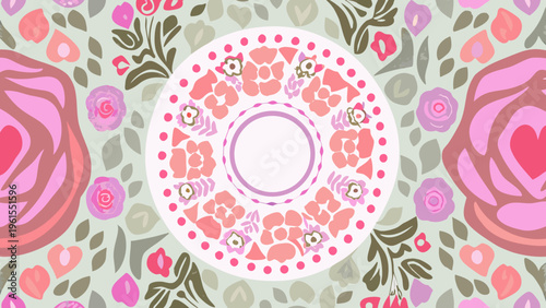 Floral pattern with a central circular design and surrounding blossoms