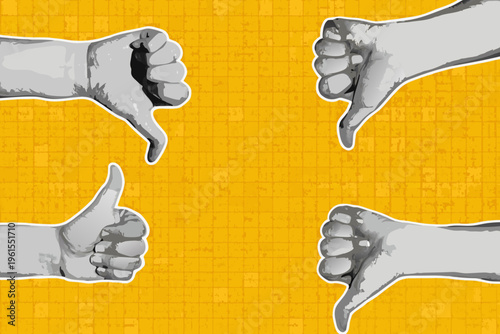 Hands displaying thumbs up and down gestures against a yellow background