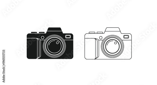 Black silhouette and outline vector graphic illustration set depicting a modern interchangeable lens digital camera design icon