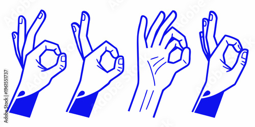 Four stylized blue hands displaying various hand gestures and ok signs