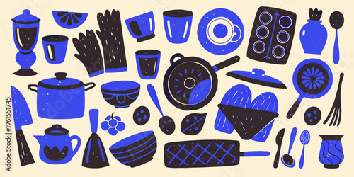 A playful arrangement of blue and black kitchenware and dining objects