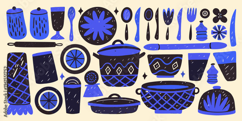 A colorful illustrative arrangement of various kitchen tools and tableware
