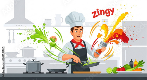 Chef preparing healthy food in kitchen with colorful vegetables and sauce splashes