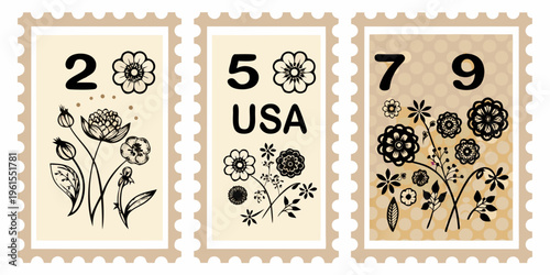 Three vintage postage stamps featuring floral designs and numerical values