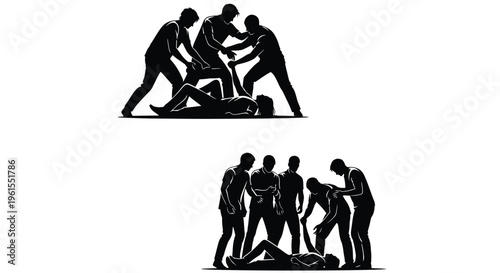 Vector graphic illustration of multiple figures participating in an act of mob violence or group assault.