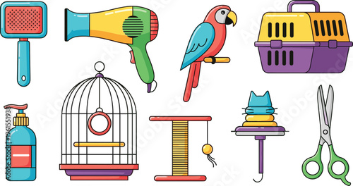 Pet care accessories vector set including bird cage parrot carrier grooming brush scissors toys and supplies for animal shop design