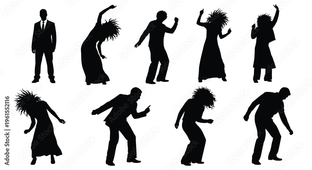 Fototapeta premium Vector graphic illustration featuring various black silhouettes of people dancing and celebrating joyfully.