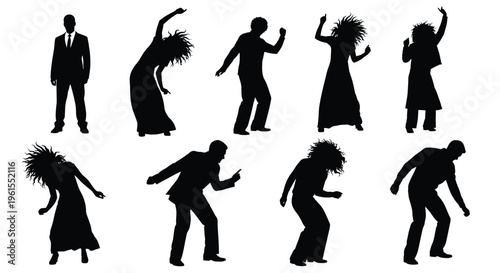 Vector graphic illustration featuring various black silhouettes of people dancing and celebrating joyfully.
