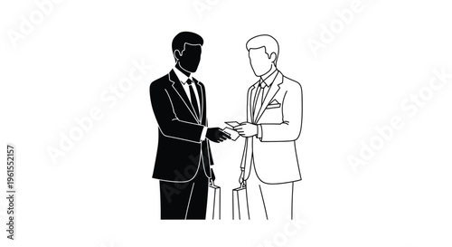 Abstract vector graphic illustration depicting two corporate men in suits shaking hands, with one exchanging important documents, symbolizing a successful business agreement and partnership.