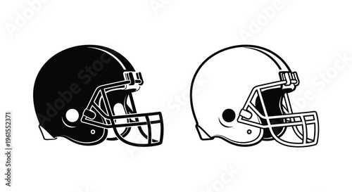 Vector graphic illustration featuring two stylized american football helmets, one in solid black and the other rendered as a clean outline, perfect for sports design.