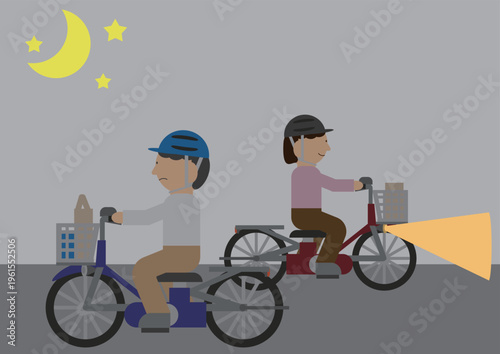 夜間の自転車走行に関する無灯火走行とライト点灯のイラスト素材