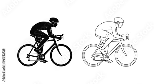 Vector illustration set depicting a professional cyclist in full racing gear riding a road bicycle in two contrasting styles silhouette and outline