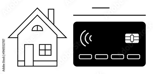 Online shopping, real estate transactions, contactless payments, digital banking, e-commerce, technology. A house icon beside a contactless payment card. Digital banking and real estate transactions