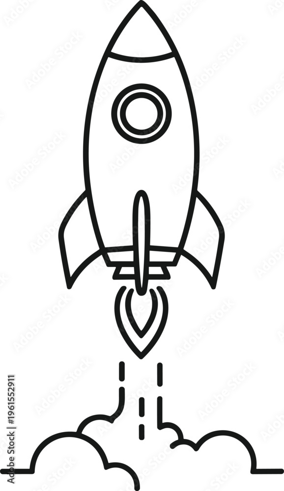Fototapeta premium Black line art rocket ship launching into the air with smoke
