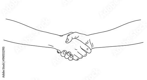 Simple black and white vector line art illustration depicting two hands meeting in a firm and professional handshake gesture of agreement or partnership.