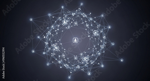 Network connection concept with glowing nodes and lines on dark background representing digital communication and data exchange