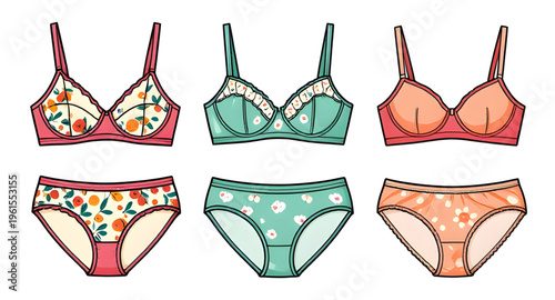 lingerie set, underwear set illustration, womens lingerie collection, bra panties set, female clothing illustration, fashion underwear design, intimate wear illustration, women fashion set, underwear 