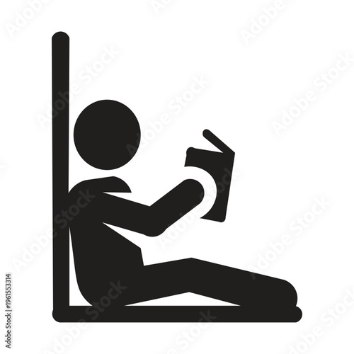 Icon image of a person reading a book while leaning against a wall silhouette illustration The icon of a person reading a book while leaning against a wall generally displays a relaxed, calm, and focu