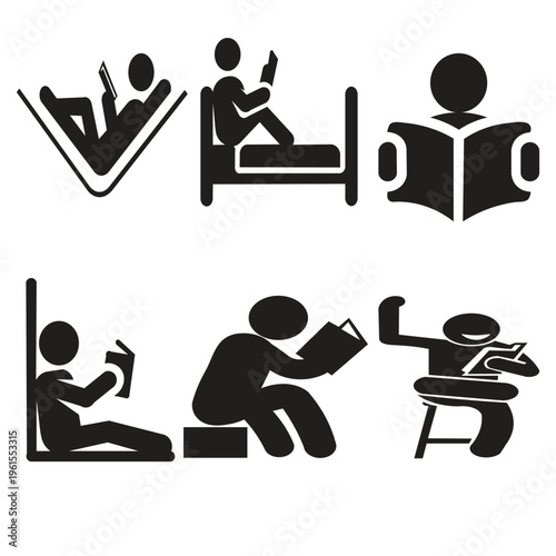 A person reading a book icon is a minimalist visual symbol depicting a person (silhouette or outline) holding and looking at an open book. This icon represents literacy, education, hobbies, and knowle