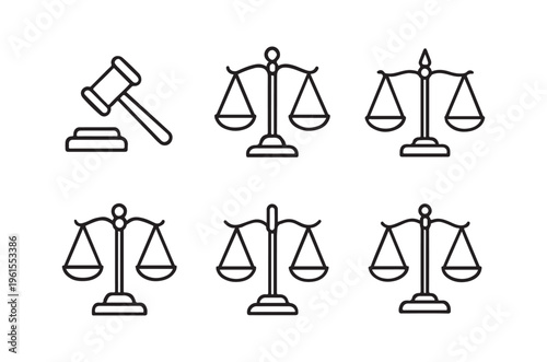 Line art illustration of gavels and scales of justice symbols