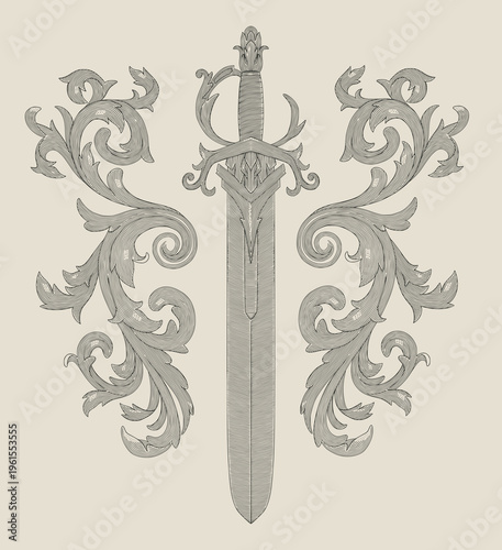 Ancient traditional sword with floral ornament frame scroll decoration, Vintage engraving drawing illustration