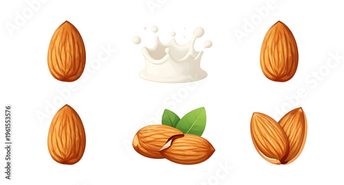 almonds, almond, almond milk splash illustration, nut food, vegan milk splash, dairy free milk drink, organic almond nuts, almond with leaf icon, green plant leaf, healthy lifestyle food, nutrition ri