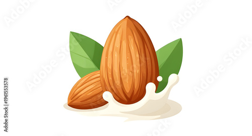 almond, almonds, nut, nuts, almond milk, milk splash, splash design, vegan milk drink, dairy free beverage, organic almonds with leaves, green leaves, plant based nutrition, healthy food concept, raw 