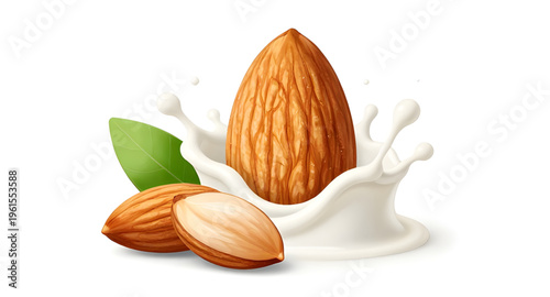 almond, almonds, nut, nuts, almond milk, milk splash, splash design, vegan milk drink, dairy free beverage, organic almonds with leaves, green leaves, plant based nutrition, healthy food concept, raw 