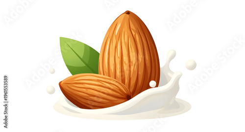 almond, almonds, nut, nuts, almond milk, milk splash, splash design, vegan milk drink, dairy free beverage, organic almonds with leaves, green leaves, plant based nutrition, healthy food concept, raw 