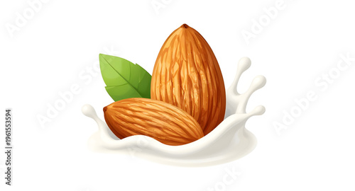 almonds, almond milk splash, nut, milk, splash, liquid, almond drink, vegan, dairy free, organic, almond with leaves illustration, green leaf, plant based food, healthy snack, nutrition concept, prote