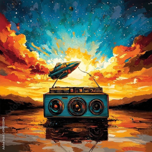 Vibrant Retro Boombox Illustration with Cosmic Sunset and Starry Sky