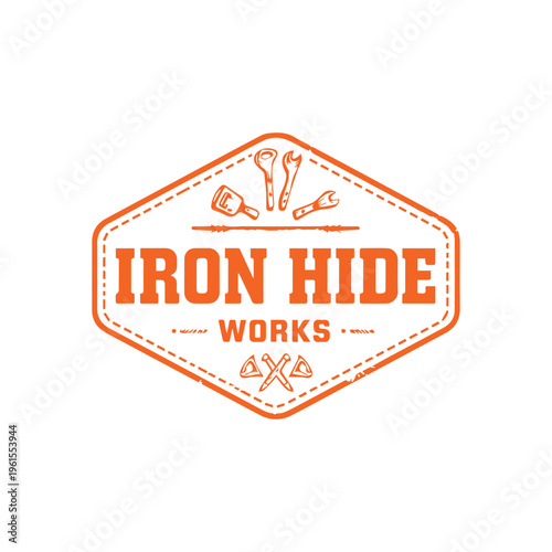 Vintage Iron Hide Works Logo Badge with Hand Tools for Craftsman