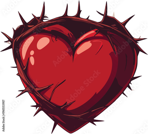 A vibrant red heart encircled by a dark, sharp crown of thorns, symbolizing pain, sacrifice, and enduring love.