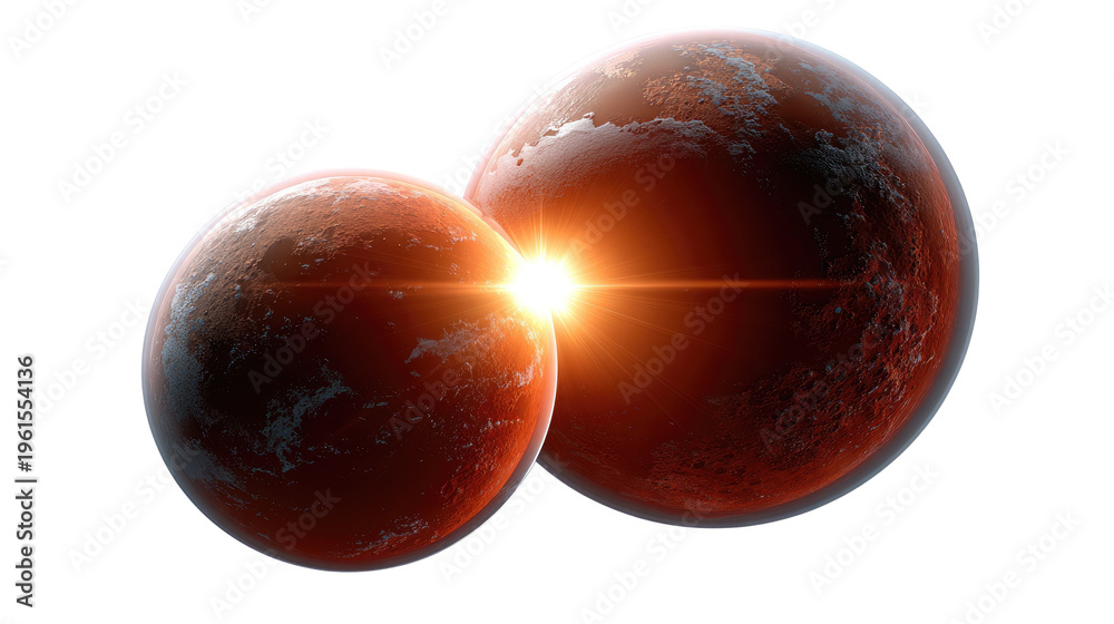 Obraz premium Planetary Fusion: A breathtaking celestial spectacle unfolds as two terrestrial planets collide, igniting a brilliant burst of energy and creating a cosmic dance of light. 