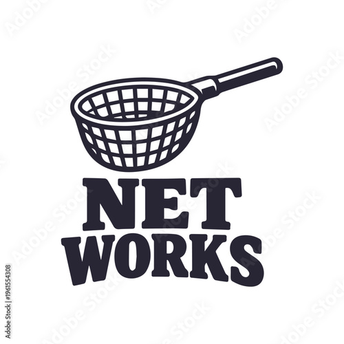 Net Works Logo With Skimmer Net Symbol Black and White Graphic