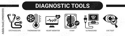 Diagnostic Tools web banner icon vector illustration concept with icons of stethoscope, thermometer, heart monitor, X ray, ultrasound, and eye test.