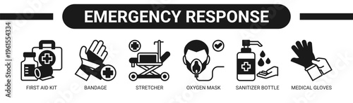 Emergency Response web banner icon vector illustration concept with icons of first aid kit, bandage, stretcher, oxygen mask, sanitizer bottle, and medical gloves.