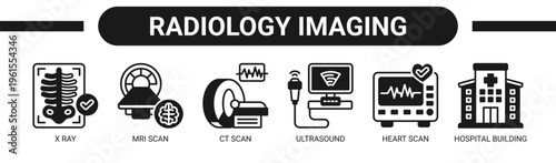Radiology Imaging web banner icon vector illustration concept with icons of X ray, MRI scan, CT scan, ultrasound, heart scan, and hospital building.