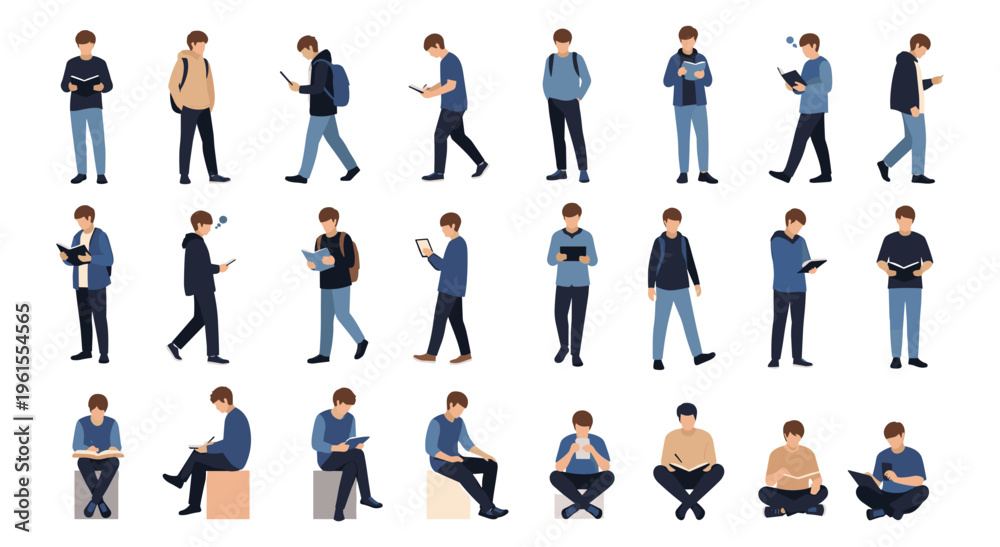 Fototapeta premium Male student character set walking standing and sitting illustrations