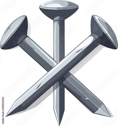 Three shiny metallic construction nails arranged in a stylized cross pattern, representing fastening and building.