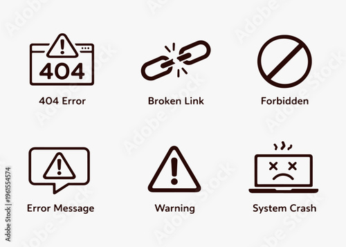 A set of error icons focuses on simplicity, elegance, and ease of recognition. Vector Sign for Logos, Labels, and Icons.