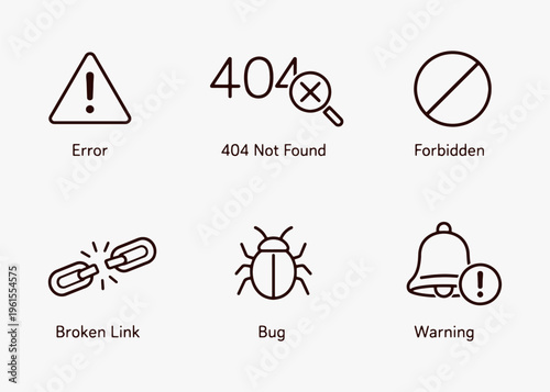 A set of error icons focuses on simplicity, elegance, and ease of recognition. Vector Sign for Logos, Labels, and Icons.