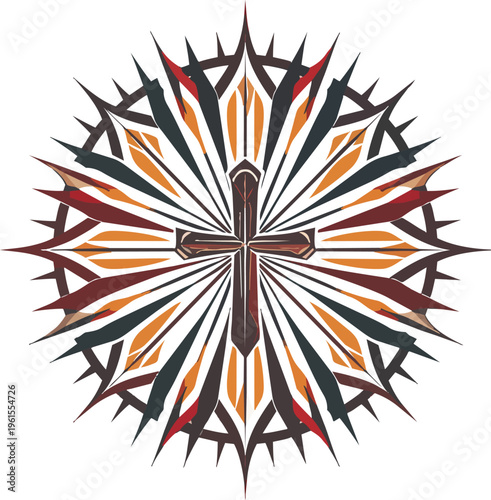 Stylized Christian cross at the center of a radial, mandala-like design with earthy tones and sharp, spiky elements, symbolizing faith and spirituality.
