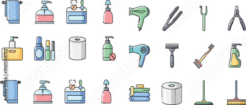 Bathroom and Cleaning Supplies Icon Set with Soap, Hair Dryer, Toothbrush and Household Tools Vector Illustration